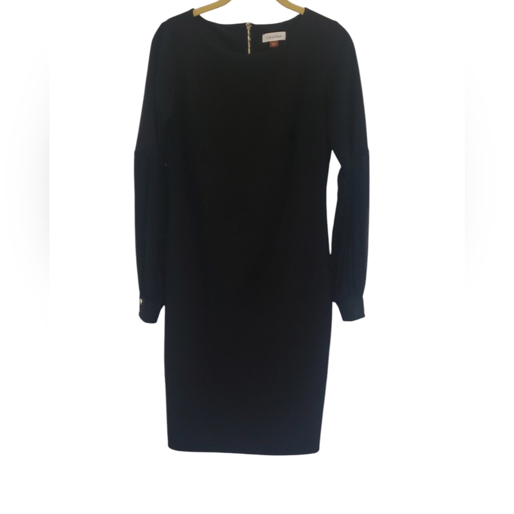 Calvin Klein Black Dress, Size 6,  Fitted Pencil Skirt Midi Length Sheer Sleeves